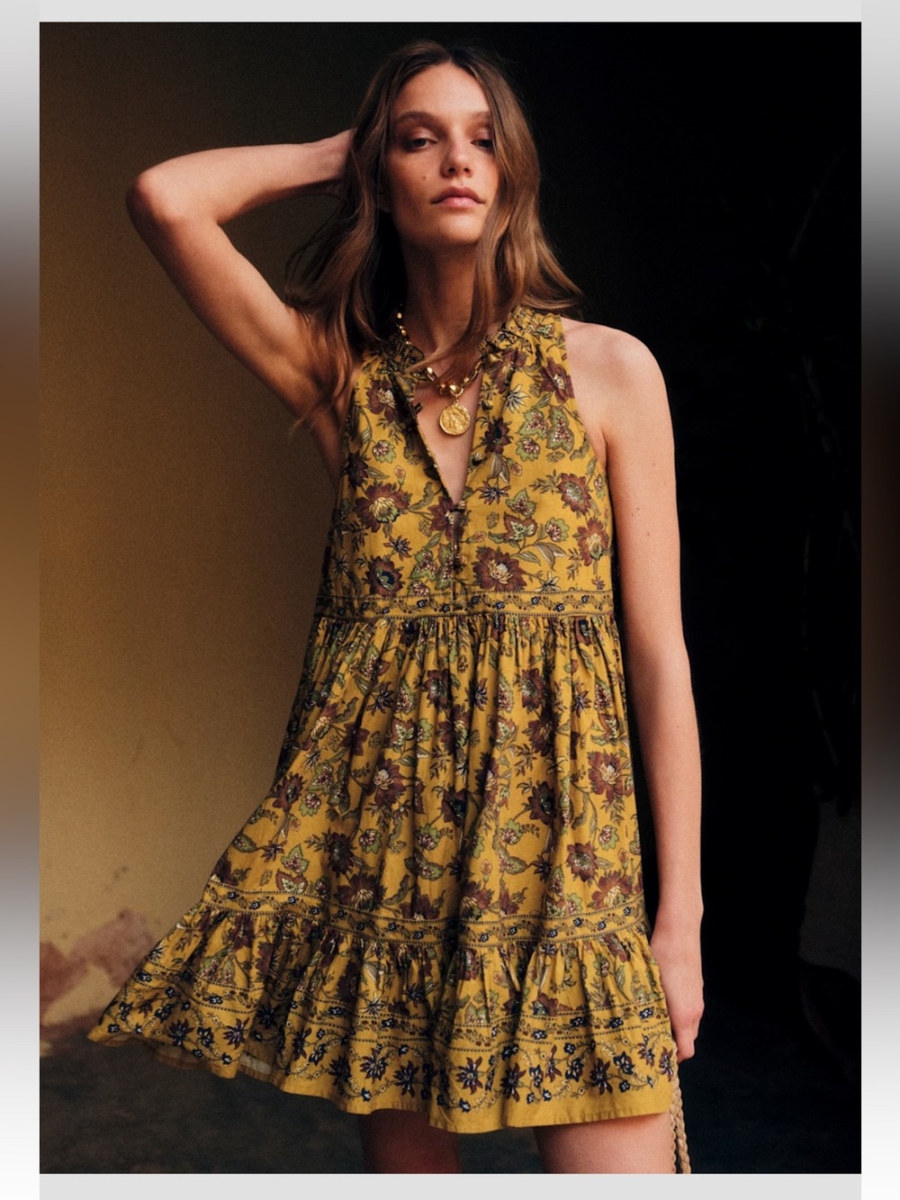 Sézane, Liso Boho Floral Halter Mini Dress in Mustard, NWT!